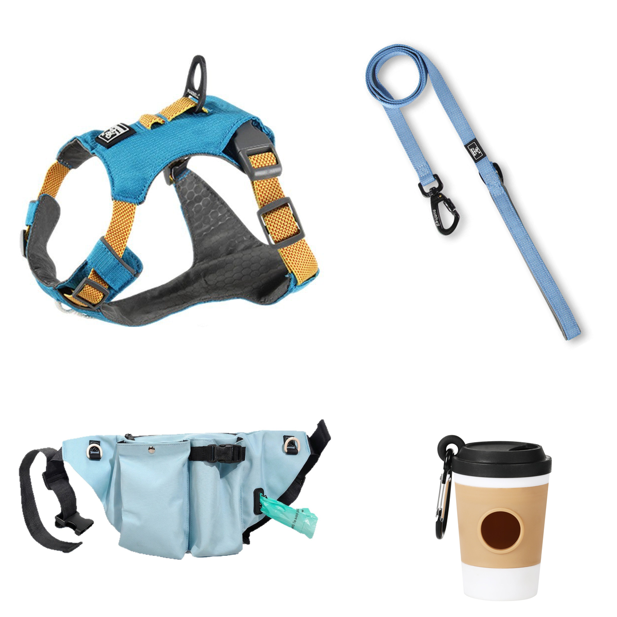 One possible set: blue lightweight harness, blue flat leash, Sky blue waist bag and Black coffee-cup holder.