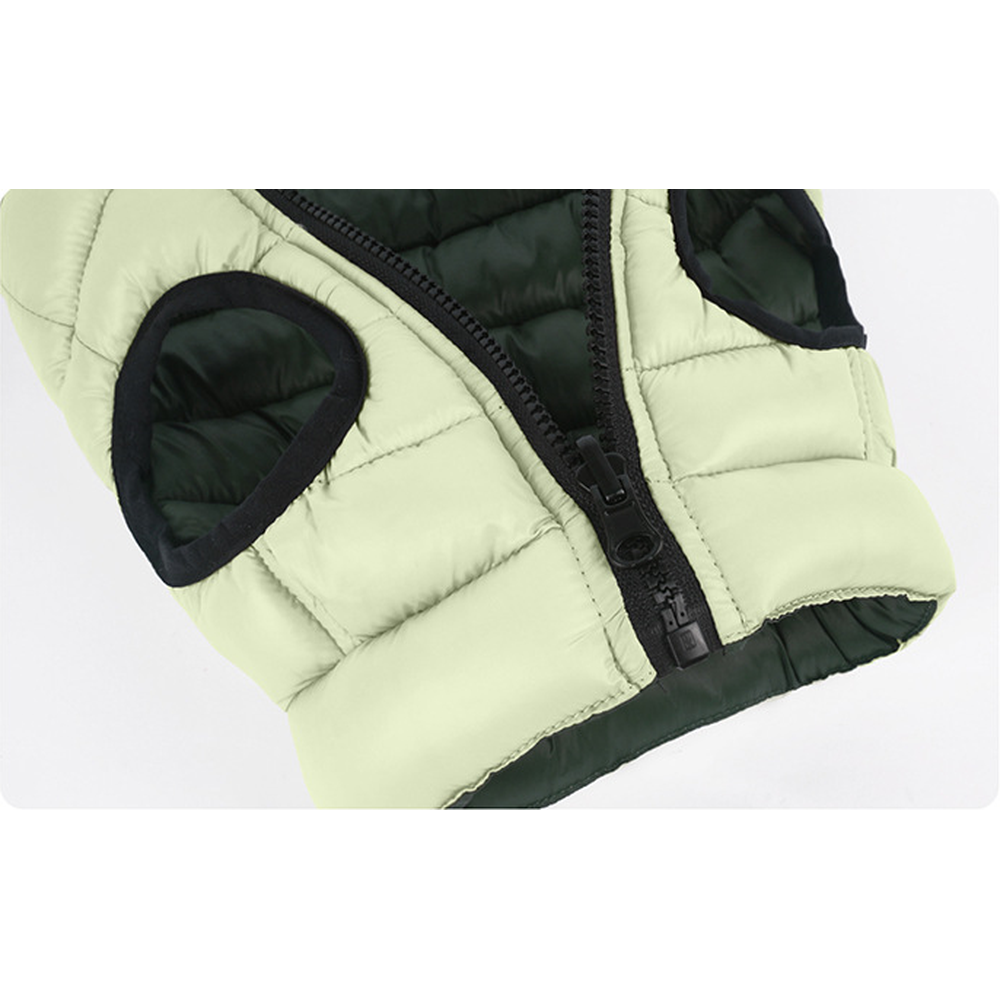 Close-up of the zip and leg opening on the reversible padded dog vest