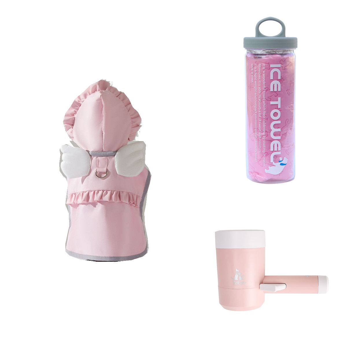 One possible set: Pink angel poncho, Cherry blossom pink drying towel and Pink paw washer cup.