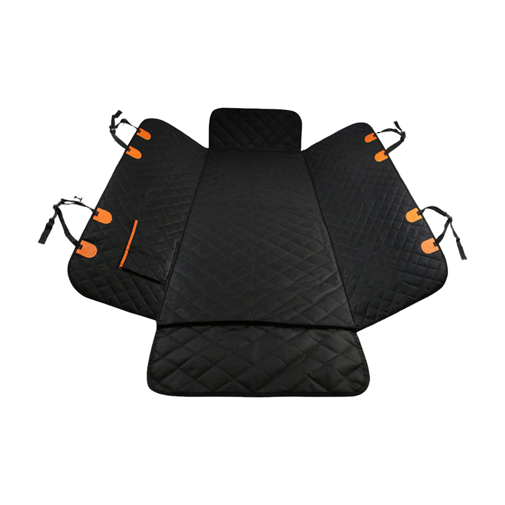Black quilted dog car seat cover with side flaps laid flat, white background