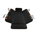 Black quilted dog car seat cover with side flaps laid flat, white background