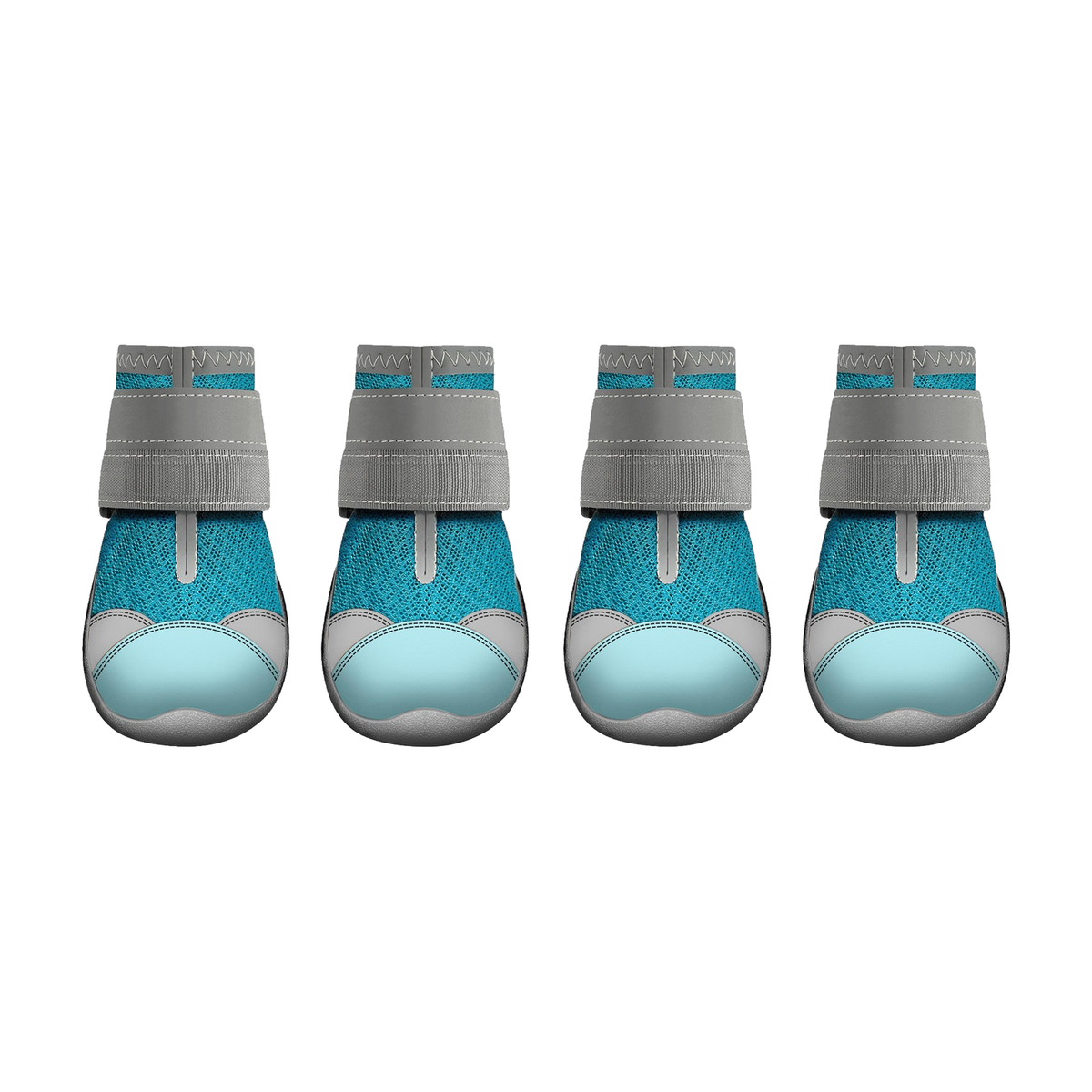 Set of four blue mesh dog shoes with grey hook-and-loop straps, white background
