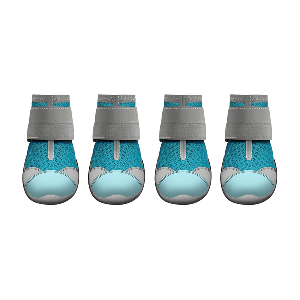 Set of four blue mesh dog shoes with grey hook-and-loop straps, white background