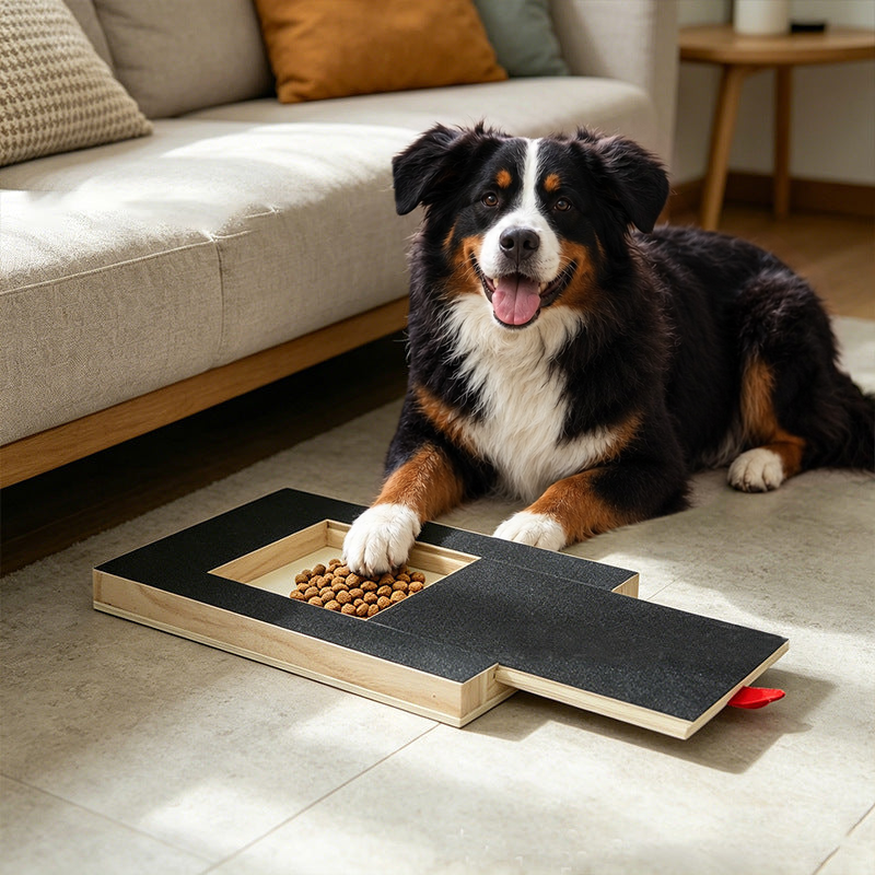 Bernese mountain dog lying by a sofa with one paw in the treat tray of the nail scratch board