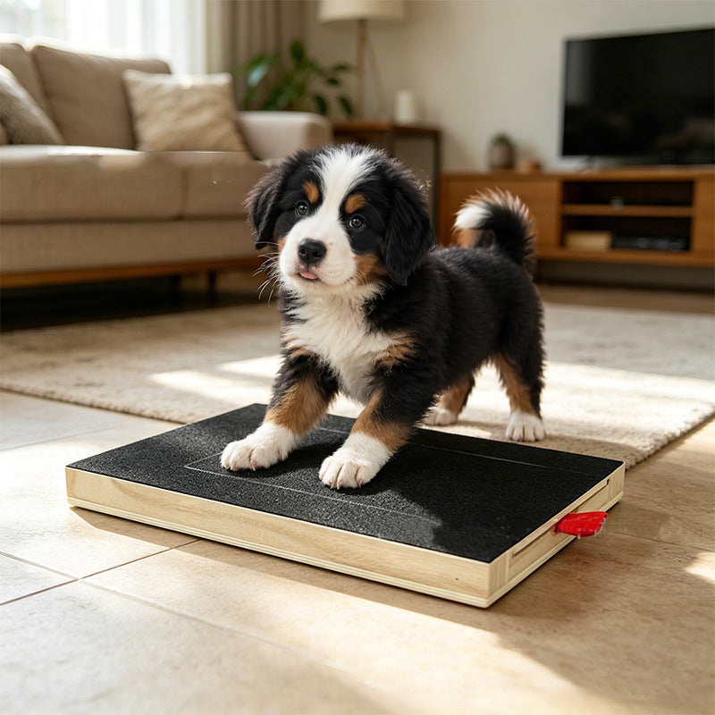 Bernese mountain dog puppy standing on the black sanding surface of a wooden nail scratch board
