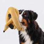Bernese mountain dog holding the long plush dog toy in its mouth, the toy draped over its head