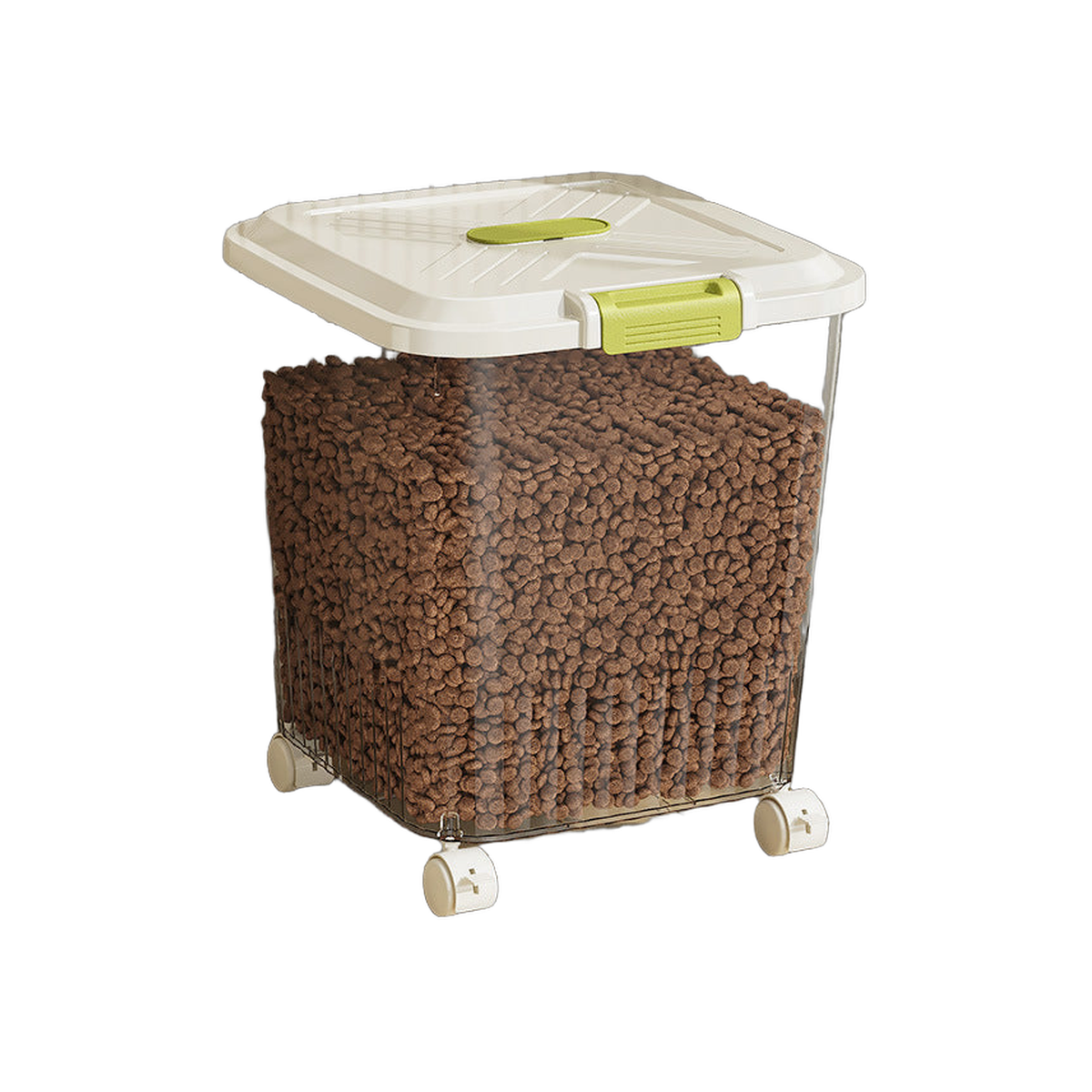 Clear airtight pet food storage container on wheels filled with kibble, green latch lid, white background