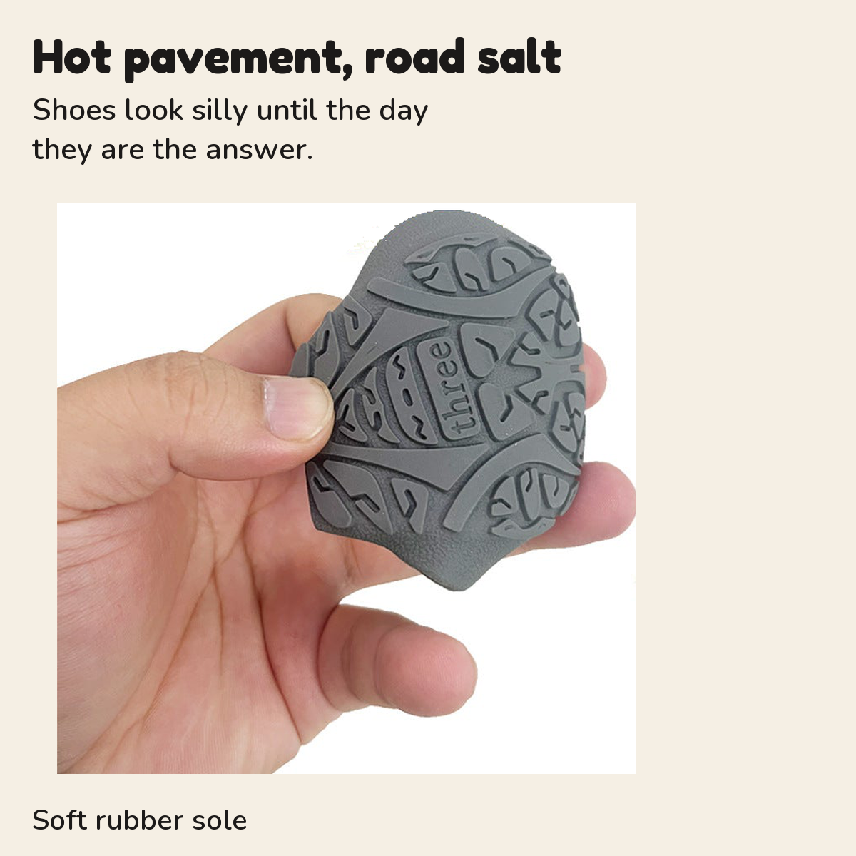 Hand bending the soft rubber sole of a dog shoe; for hot pavement and road salt