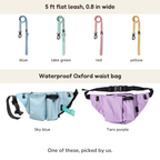 5 ft flat leash, 0.8 in wide: blue, lake green, red, yellow; Waterproof Oxford waist bag: Sky blue, Taro purple