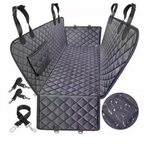 Grey quilted dog car seat cover laid flat with seat belt tethers and a water-beading fabric close-up