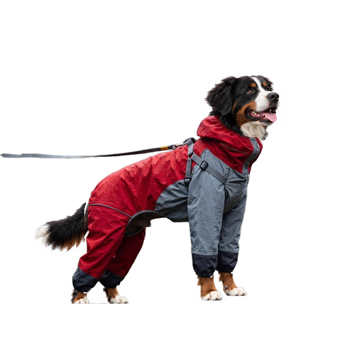 Bernese mountain dog on a lead in the red and grey full-coverage four-leg dog raincoat, white background