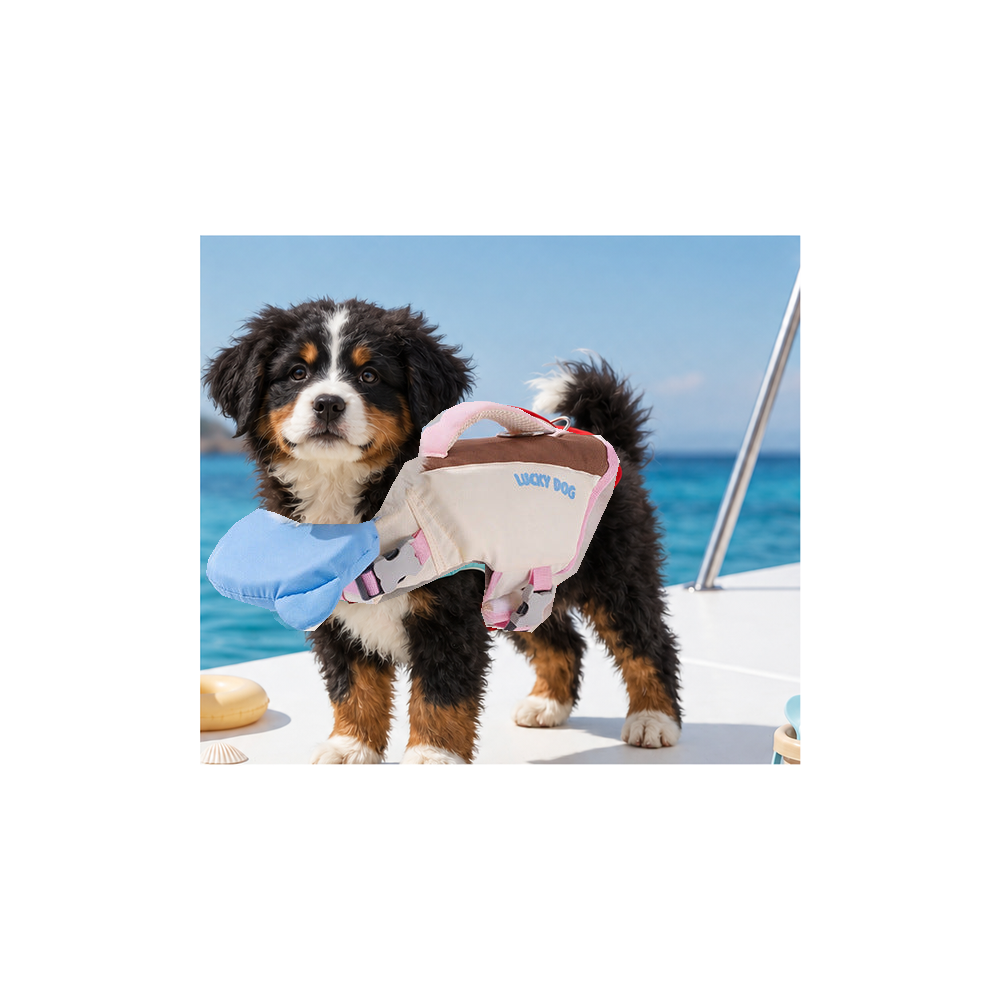 Bernese mountain dog puppy on a boat deck in the pink and white dog life jacket with a blue chin float