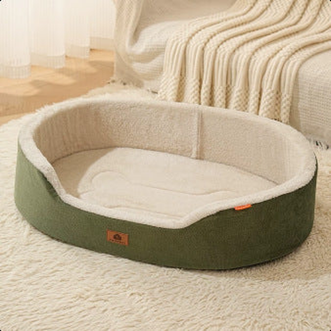 Oval Dog Bed with Raised Rim and Removable Cushion: Faux leather, green