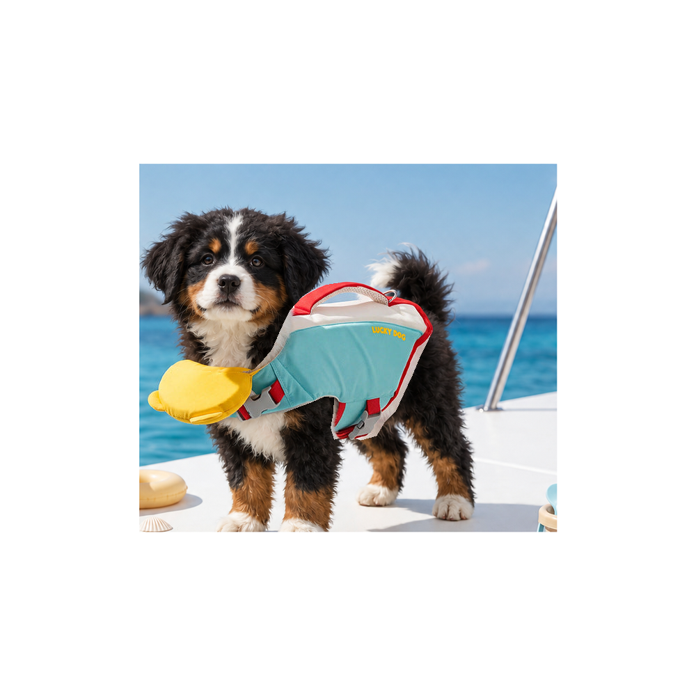 Bernese mountain dog puppy on a boat deck in the aqua dog life jacket with a yellow chin float