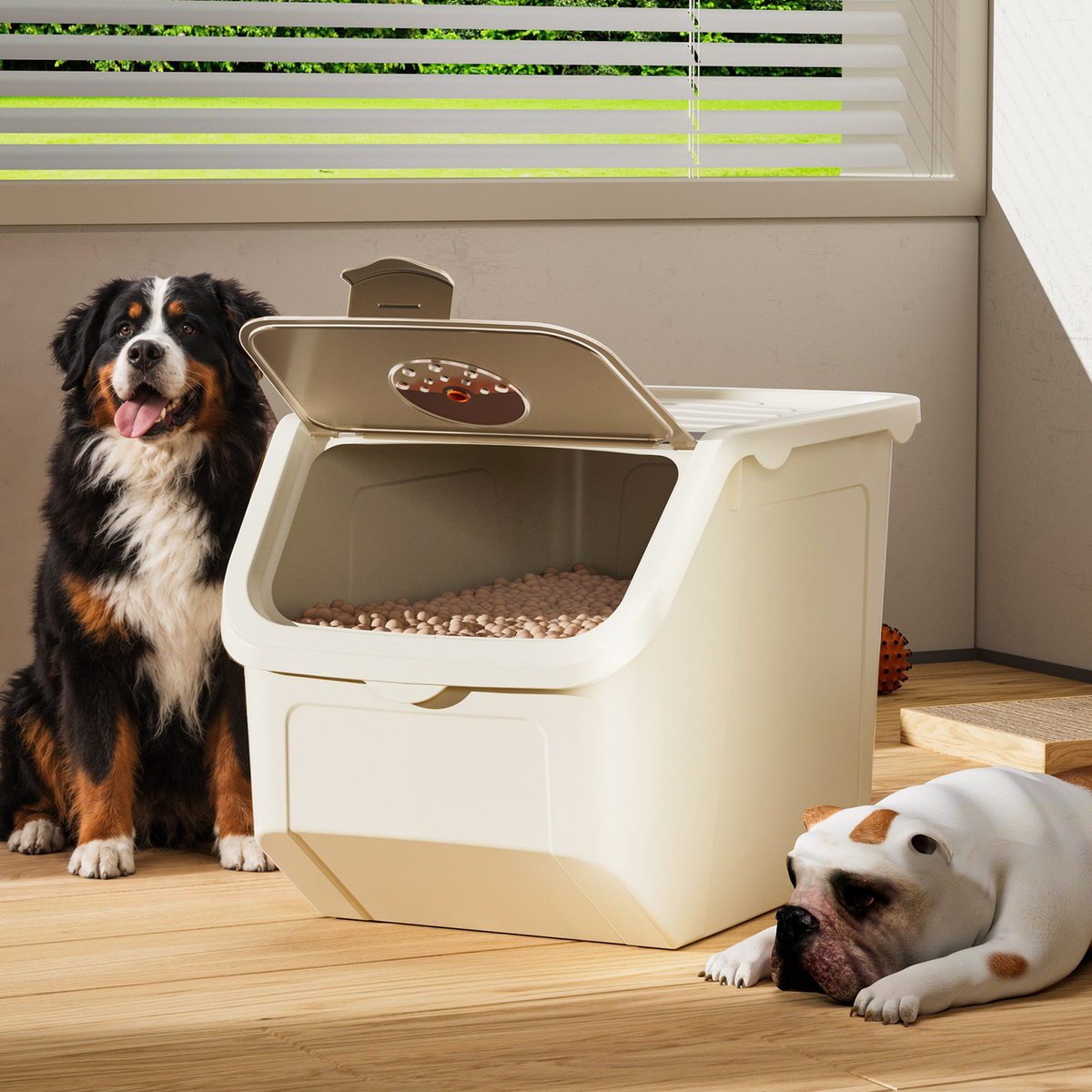 Bernese mountain dog sitting beside the airtight dog food storage bin with its flip lid open
