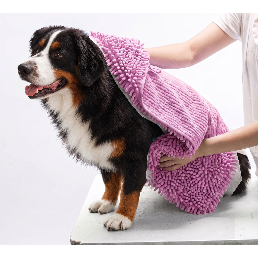 Pink chenille drying towel with hand pockets wrapped around a Bernese mountain dog