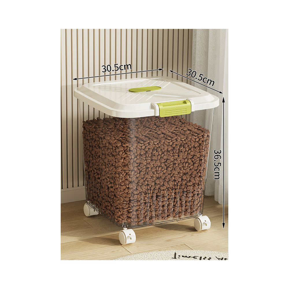 Airtight Pet Food Storage Container with Measuring Cup: Clear with wheels · holds 19-22 lb