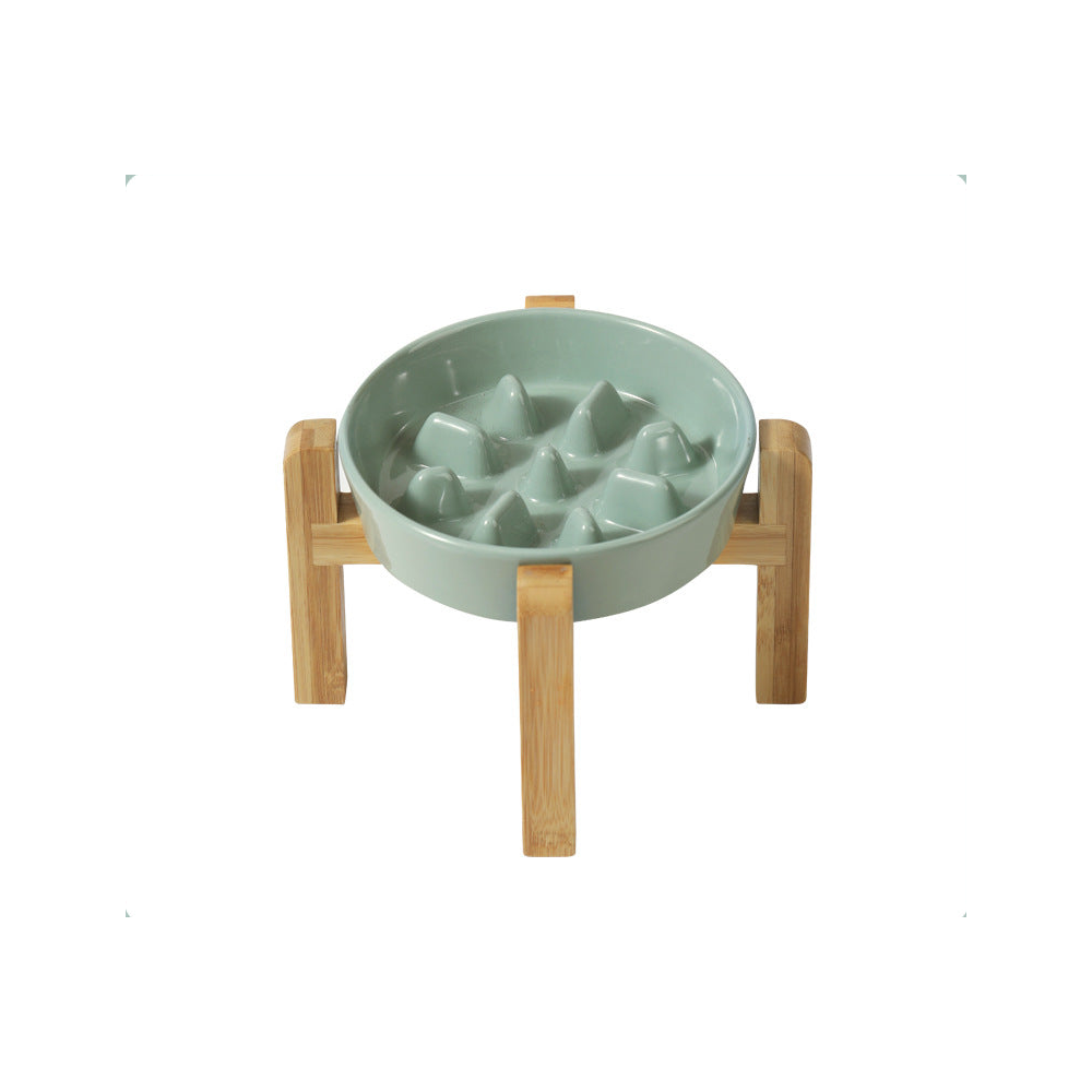 Ceramic Slow Feeder Bowl with Raised Bamboo Stand: Slow bowl + stand, light green