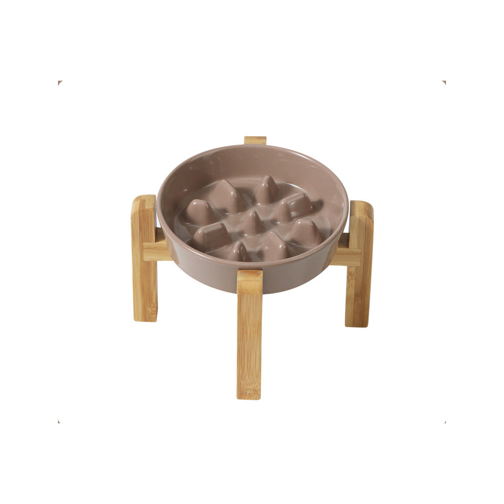 Ceramic Slow Feeder Bowl with Raised Bamboo Stand: Slow bowl + stand, brown