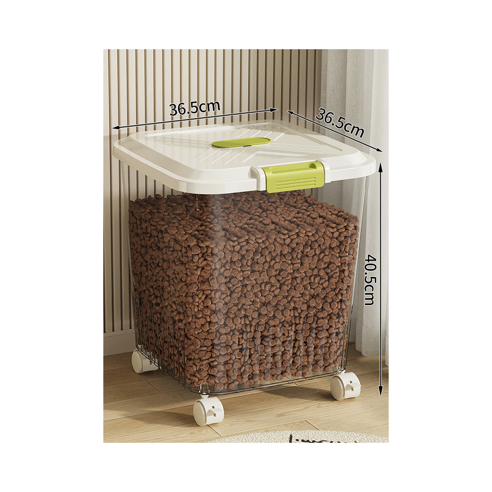 Airtight Pet Food Storage Container with Measuring Cup: Clear with wheels · holds 33-39 lb