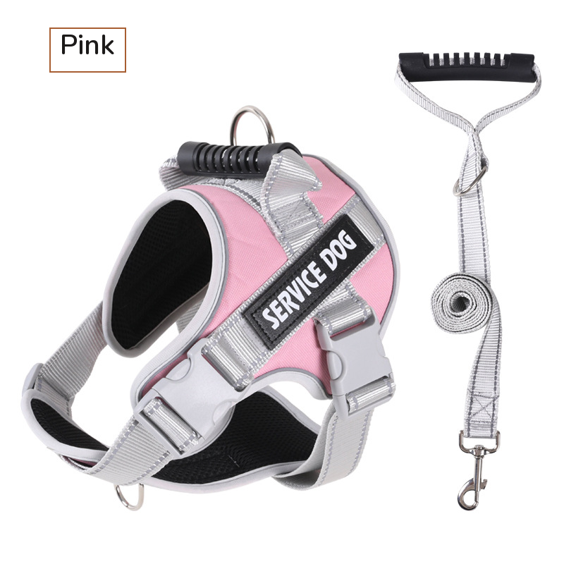 Pink padded harness with a top handle, shown with its grey matching leash on white