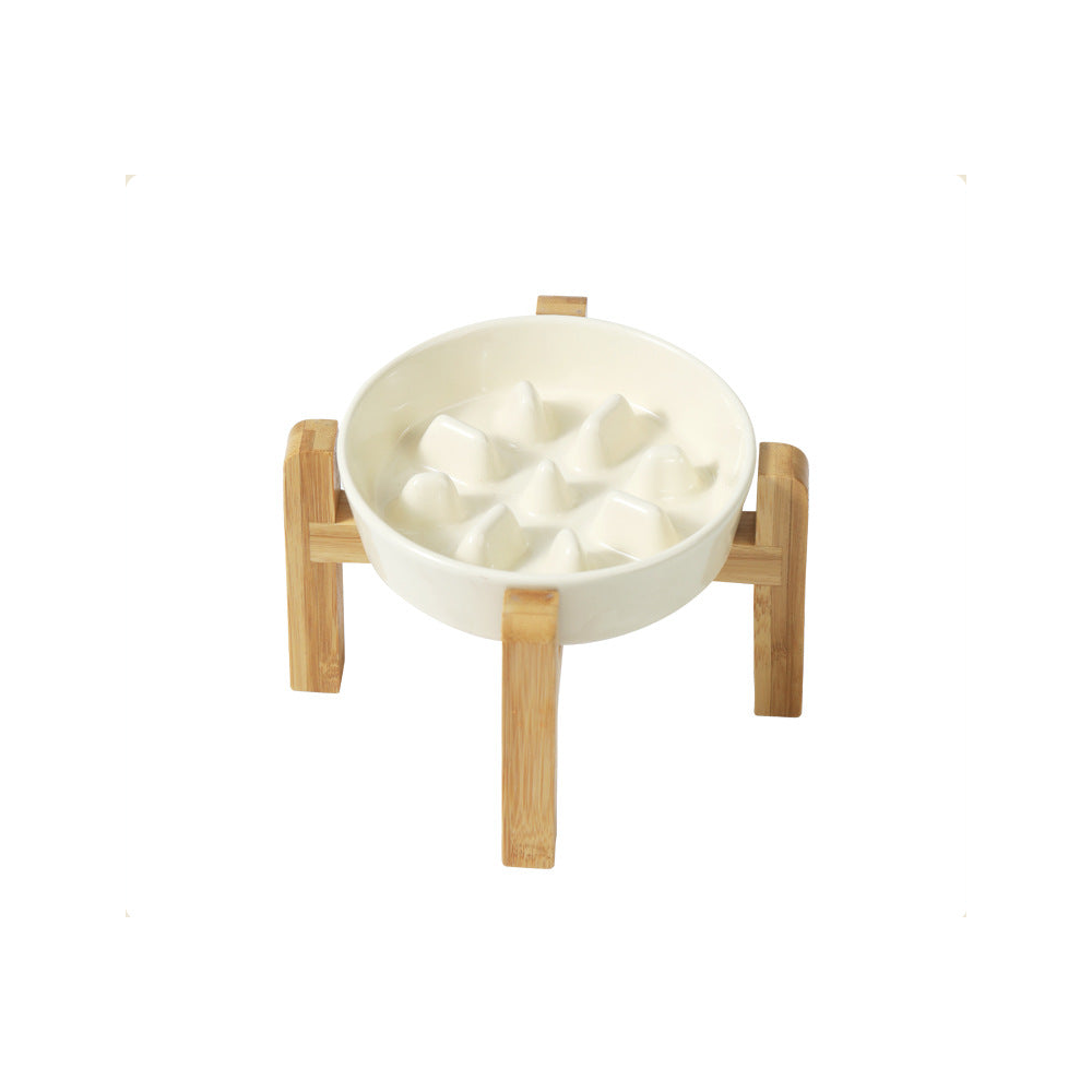 Ceramic Slow Feeder Bowl with Raised Bamboo Stand: Slow bowl + stand, off-white
