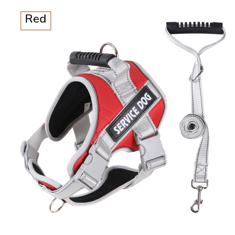 Red padded harness with a top handle, shown with its grey matching leash on white