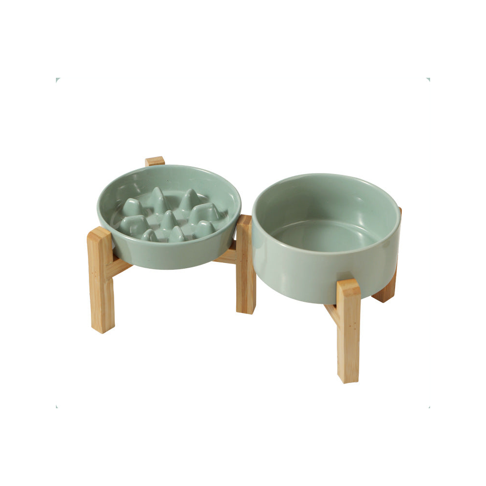 Ceramic Slow Feeder Bowl with Raised Bamboo Stand: Slow bowl + plain bowl + double stand, light green