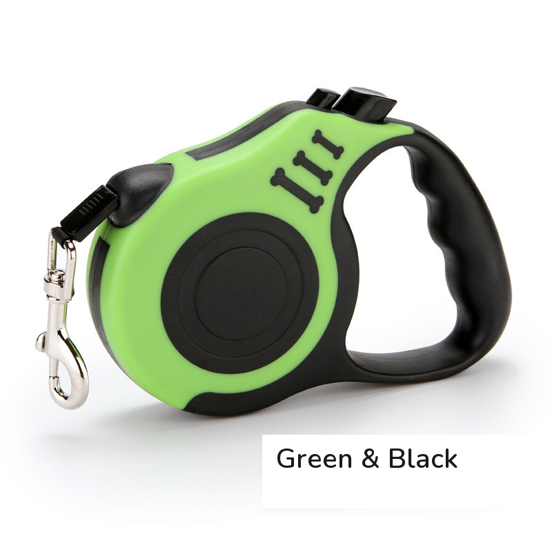 Bright green retractable leash with a black grip, side view on white