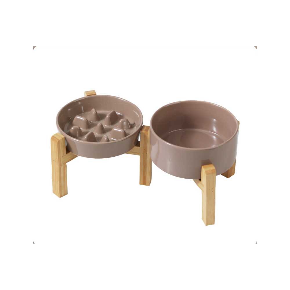 Ceramic Slow Feeder Bowl with Raised Bamboo Stand: Slow bowl + plain bowl + double stand, brown