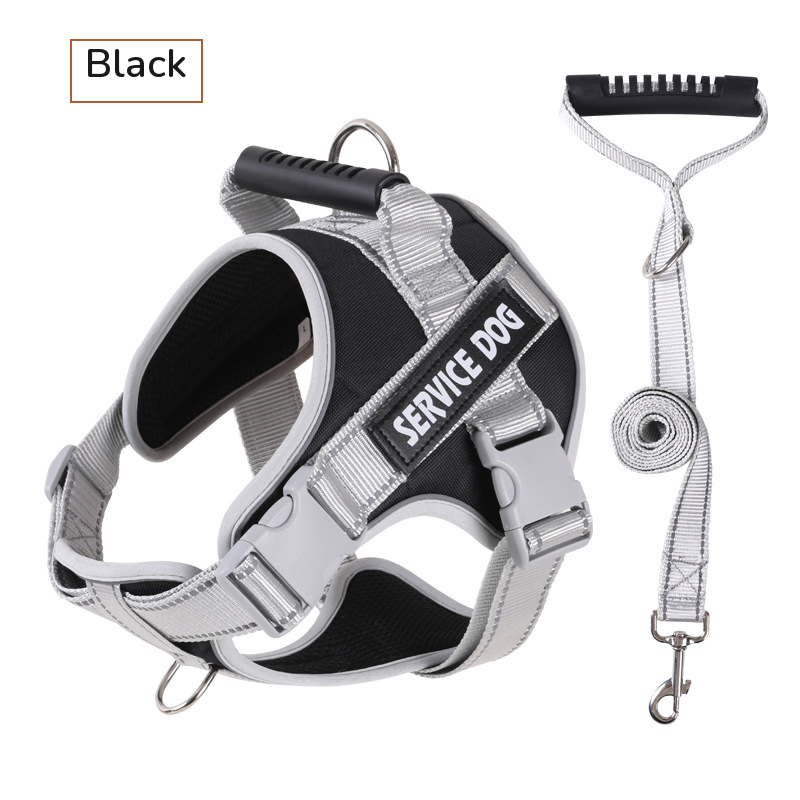 Black padded harness with a top handle, shown with its grey matching leash on white