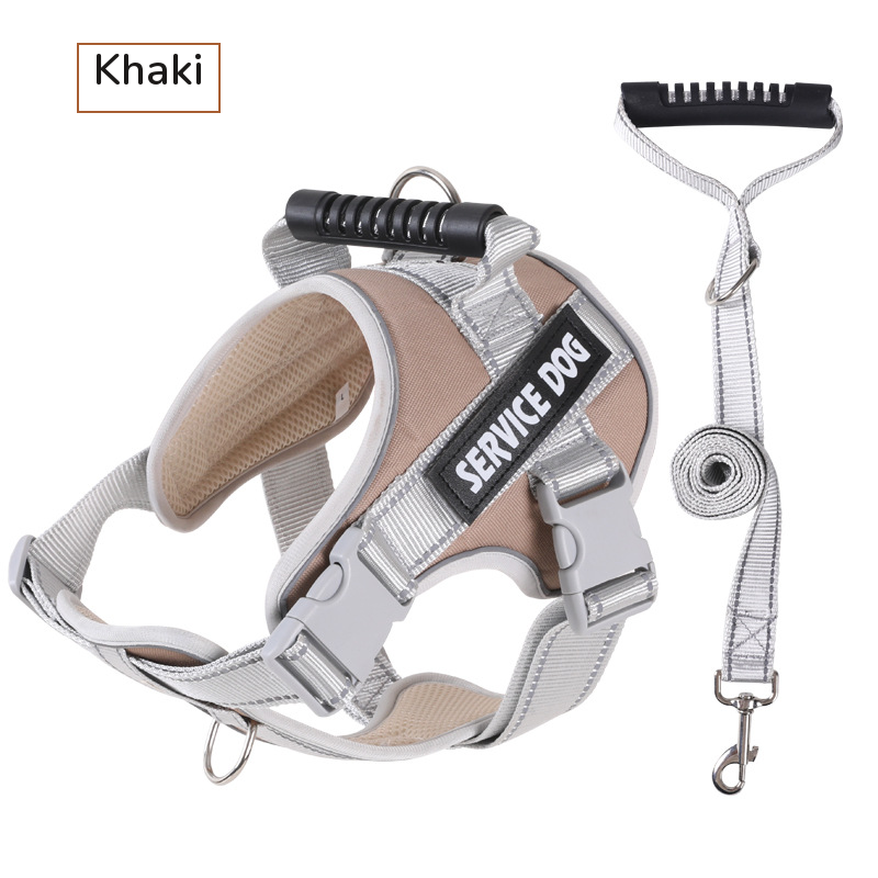 Khaki padded harness with a top handle, shown with its grey matching leash on white