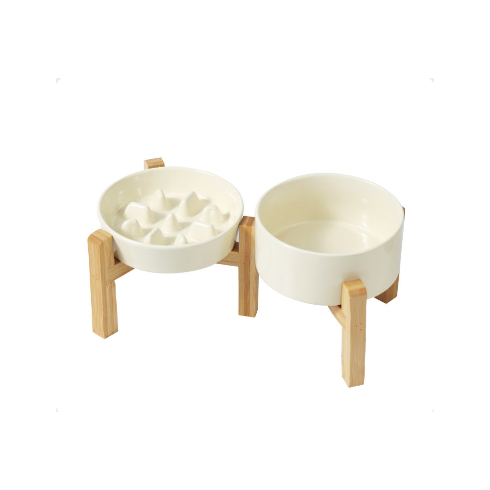 Ceramic Slow Feeder Bowl with Raised Bamboo Stand: Slow bowl + plain bowl + double stand, off-white