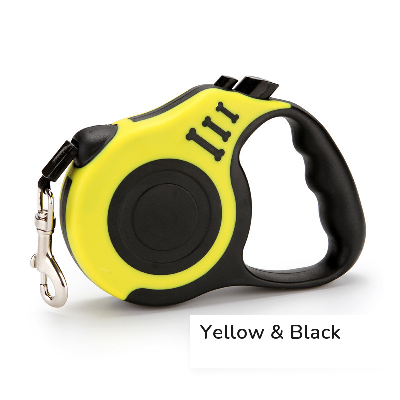 Yellow retractable leash with a black grip, side view on white