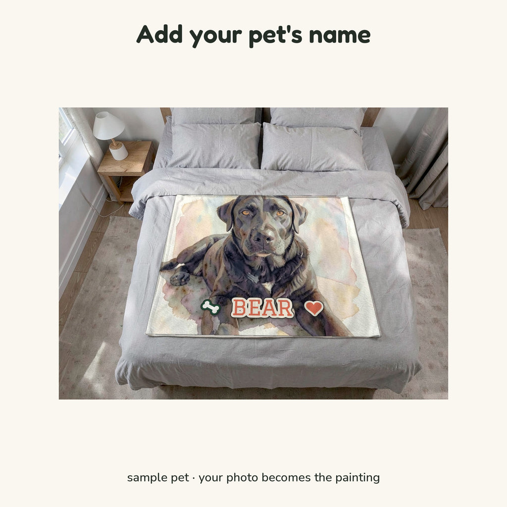 Sample Sherpa blanket with a painted portrait of a black Labrador and the name BEAR printed along the bottom with a bone and a heart icon