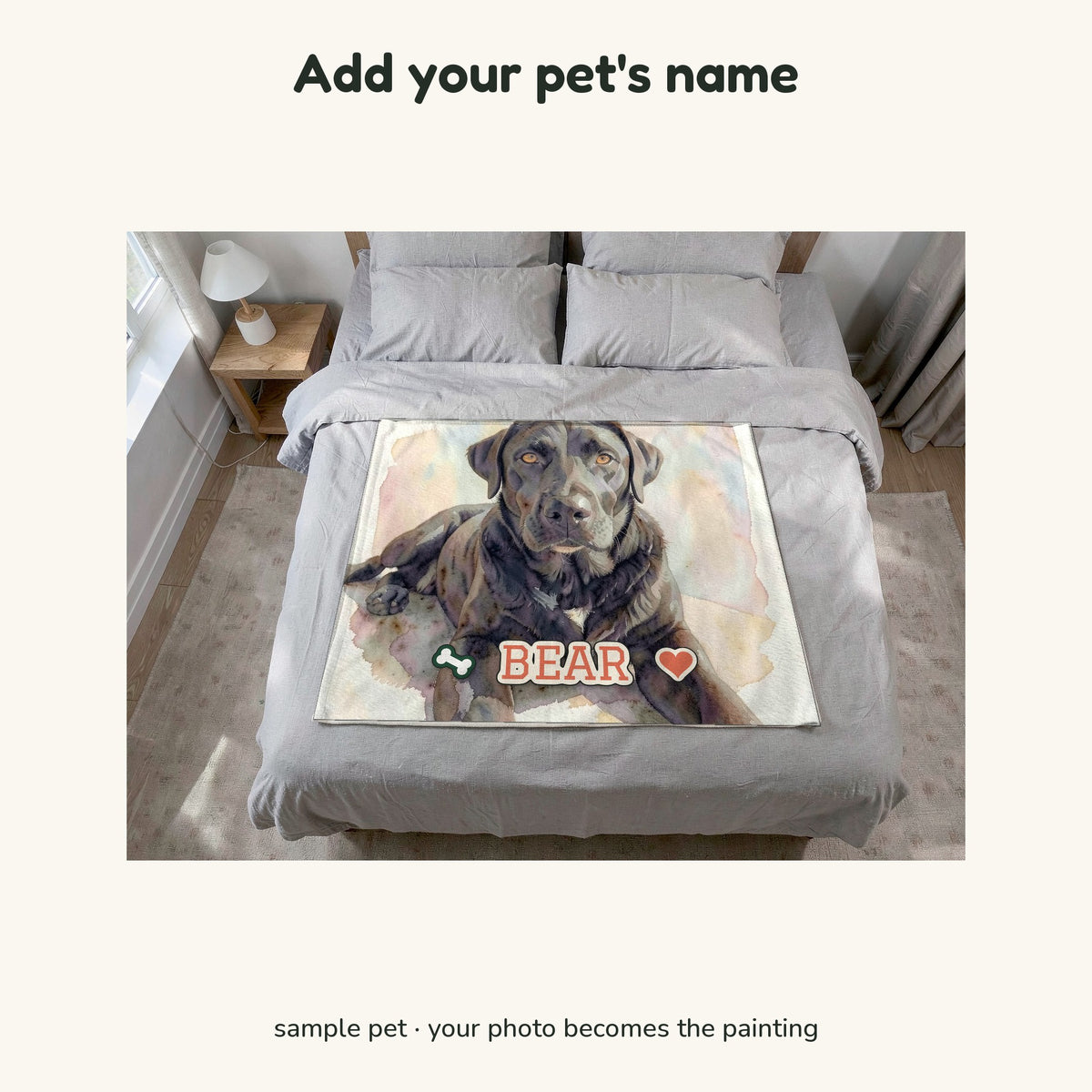 Sample Sherpa blanket with a painted portrait of a black Labrador and the name BEAR printed along the bottom with a bone and a heart icon