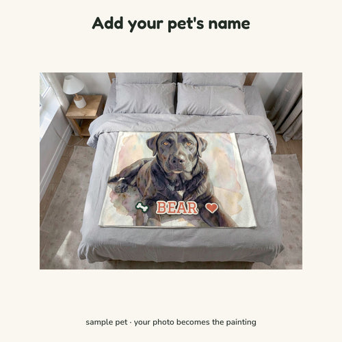 Sample Sherpa blanket with a painted portrait of a black Labrador and the name BEAR printed along the bottom with a bone and a heart icon