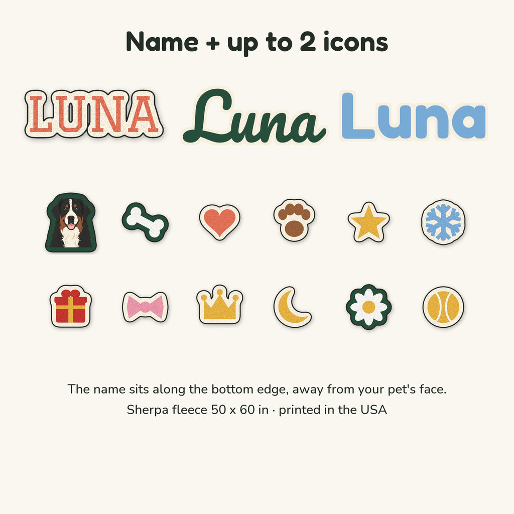 Name fonts (Varsity, Script, Rounded) and the 12 icons for the Sherpa name option