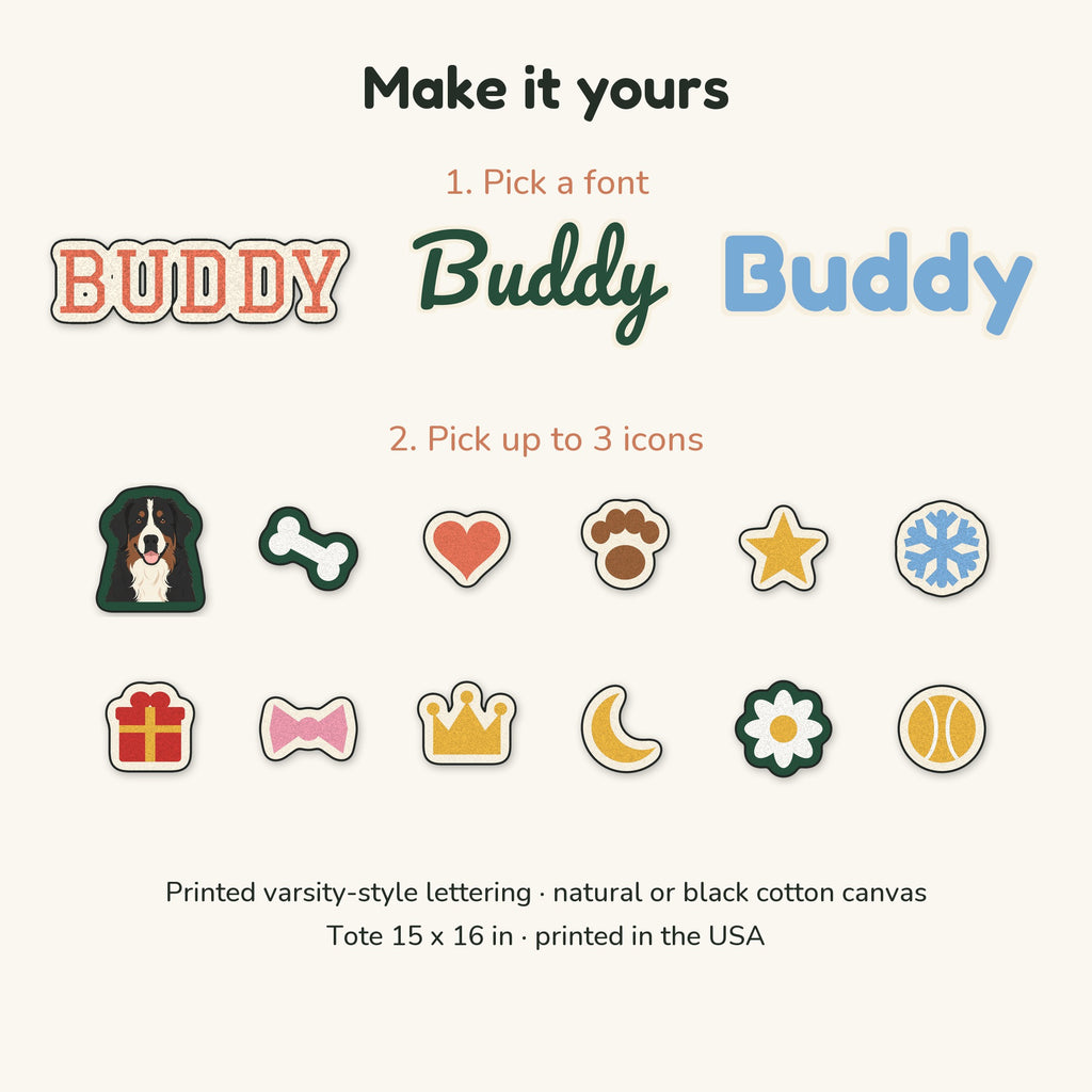 Font chart (Varsity, Script, Rounded) and the 12 icons you can pick