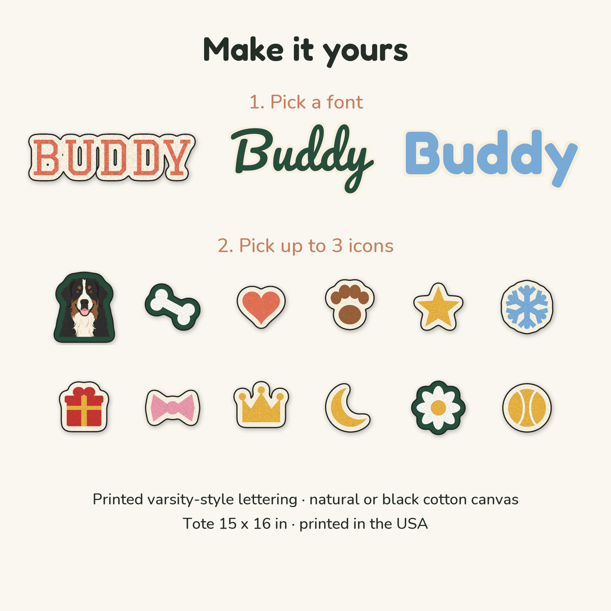Font chart (Varsity, Script, Rounded) and the 12 icons you can pick