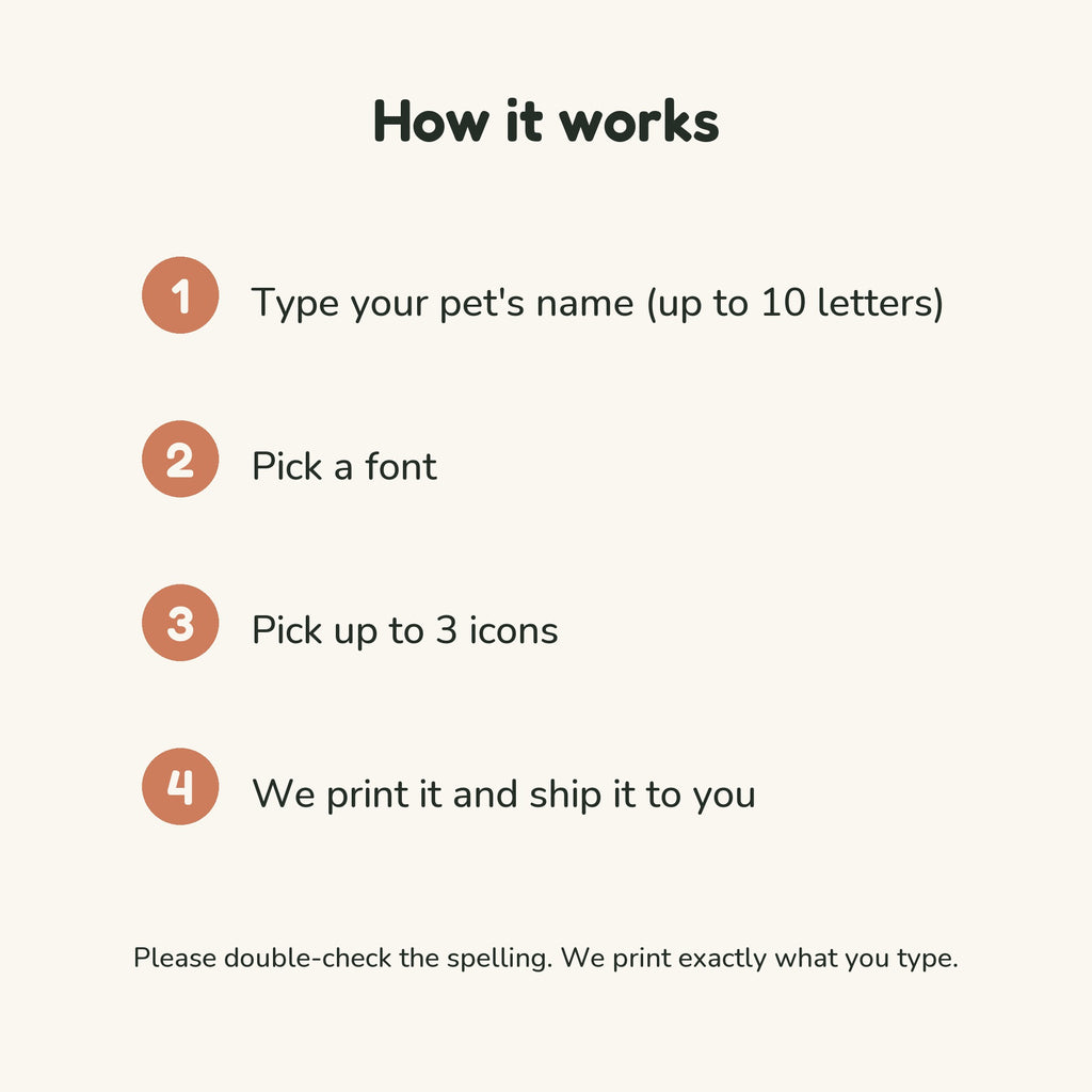 How to order: type the name, pick a font, pick up to 3 icons