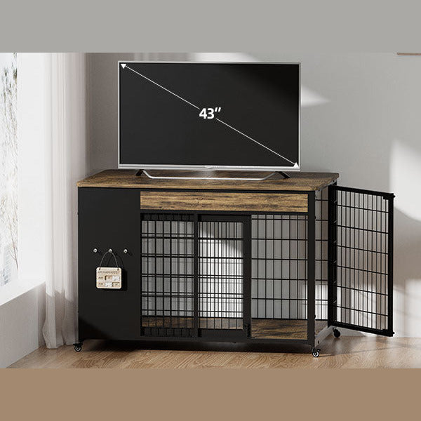 Rustic brown 42 in dog crate TV stand holding a 43 in TV