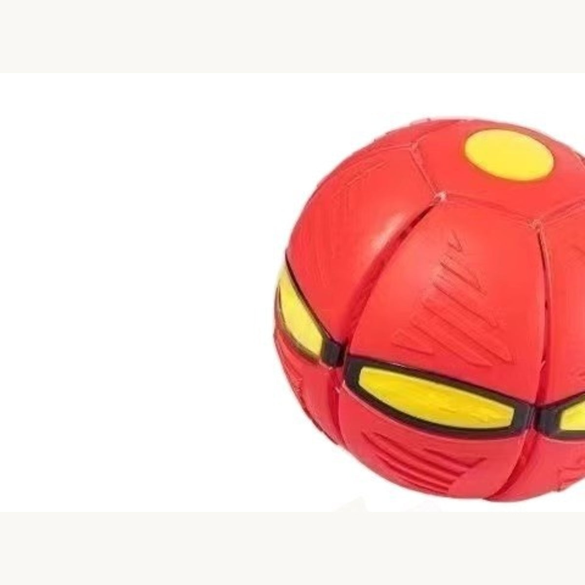Red flying-saucer dog ball shown as a ball and as the flattened disc it presses into