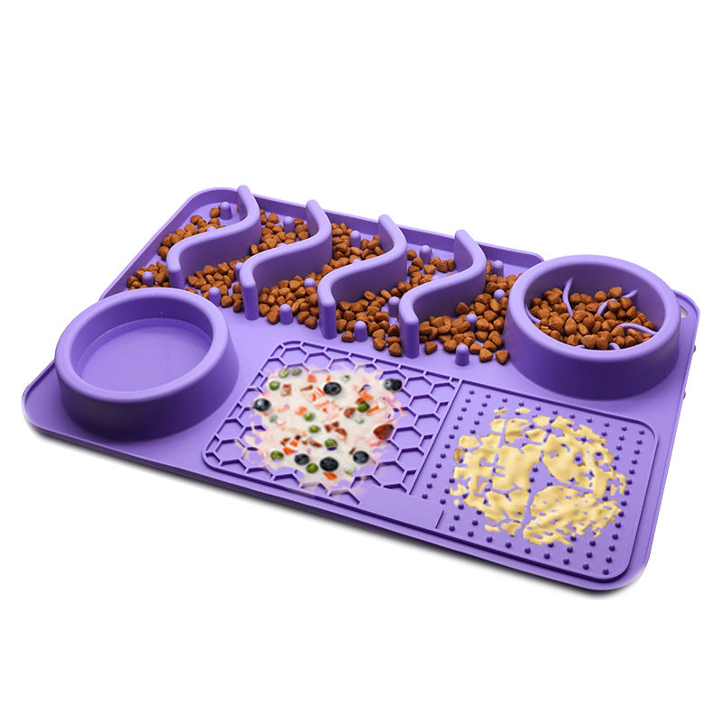 Large tray in Purple with kibble in the channels and wet food spread on the honeycomb and pin panels