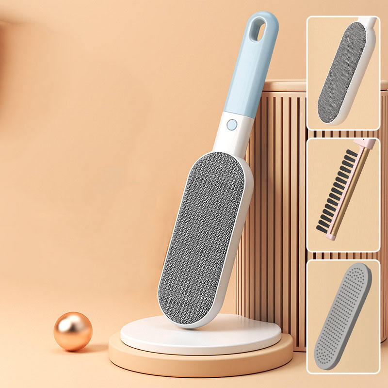 Blue double-sided pet hair remover brush with pad, comb and cover shown in insets — Blue option