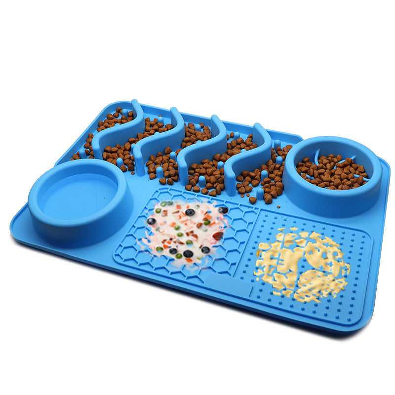 Large tray in Sky Blue with kibble in the channels and wet food on the textured panels