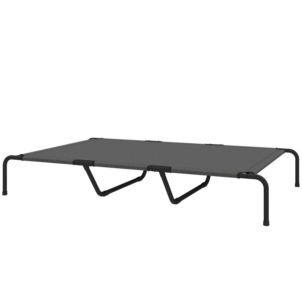 Gray elevated dog cot with black steel frame, front view on white