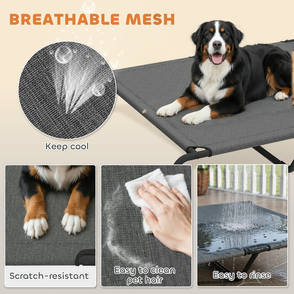Bernese mountain dog on the gray mesh dog cot, with close-ups of paws, wiping off hair and rinsing