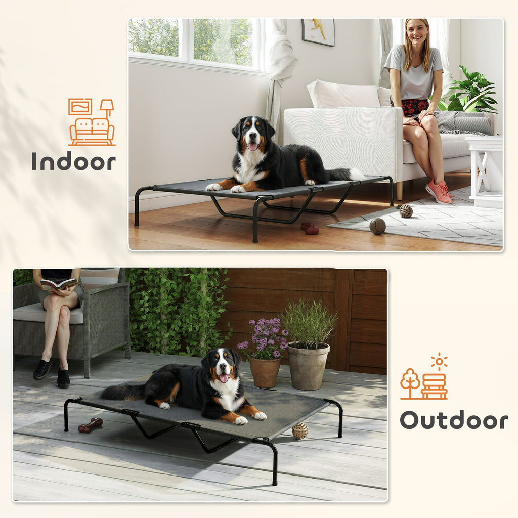Gray elevated dog cot used indoors and outdoors, with a Bernese mountain dog lying on it