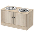 Oak elevated dog feeding station with two stainless steel bowls, front view on white